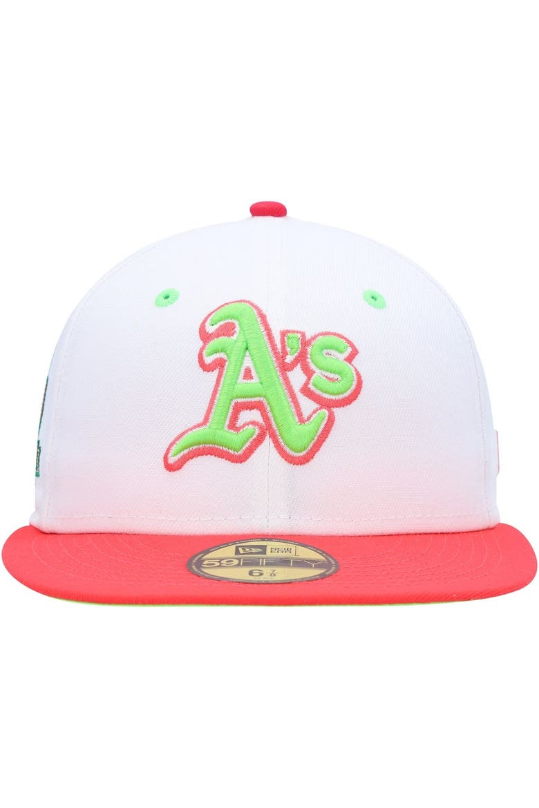 Men's New Era White/Coral Oakland Athletics 40th Anniversary Strawberry Lolli 59FIFTY Fitted Hat, Alternate, color, White