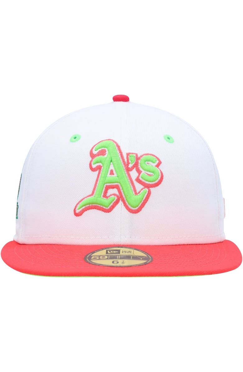 New Era Men's New Era White/Coral Oakland Athletics 40th Anniversary Strawberry Lolli 59FIFTY Fitted Hat, Alternate, color, White