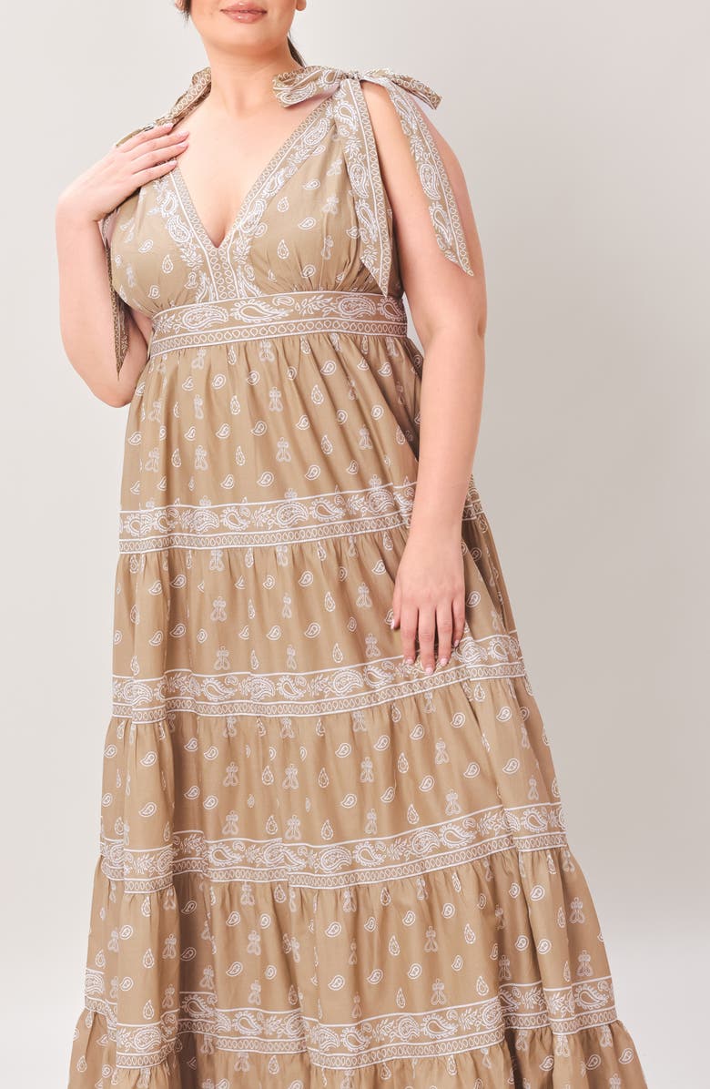 FLYING TOMATO Paisley Tie Strap Tiered Maxi Dress, Alternate, color, Light Olive