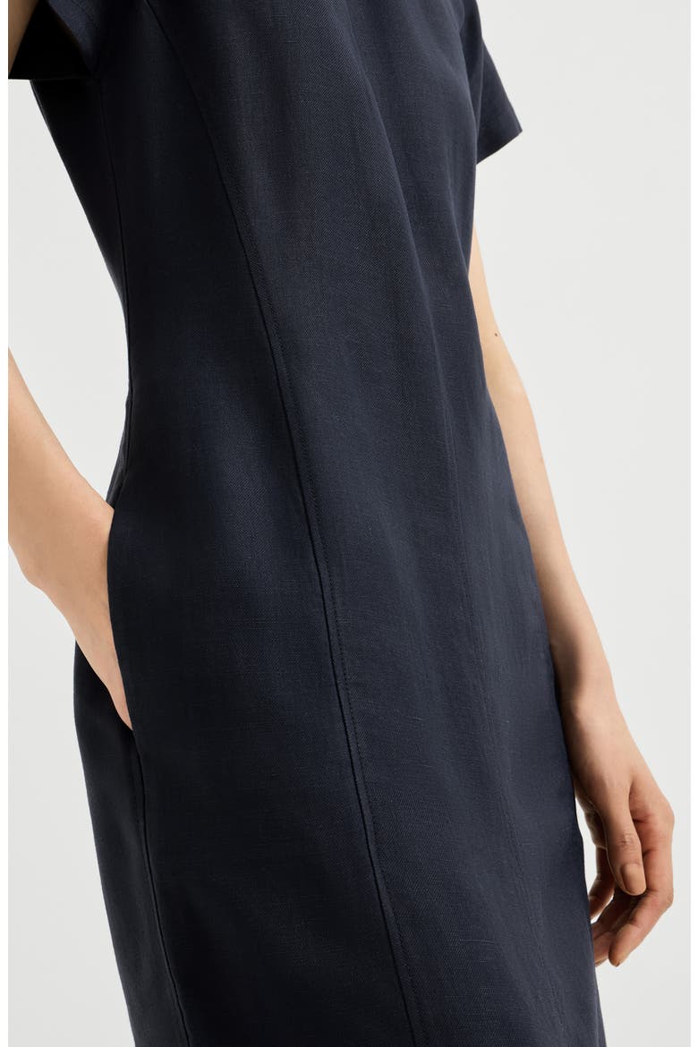 Viscose and linen fluid twill dress with precious collar, Alternate, color, Blue