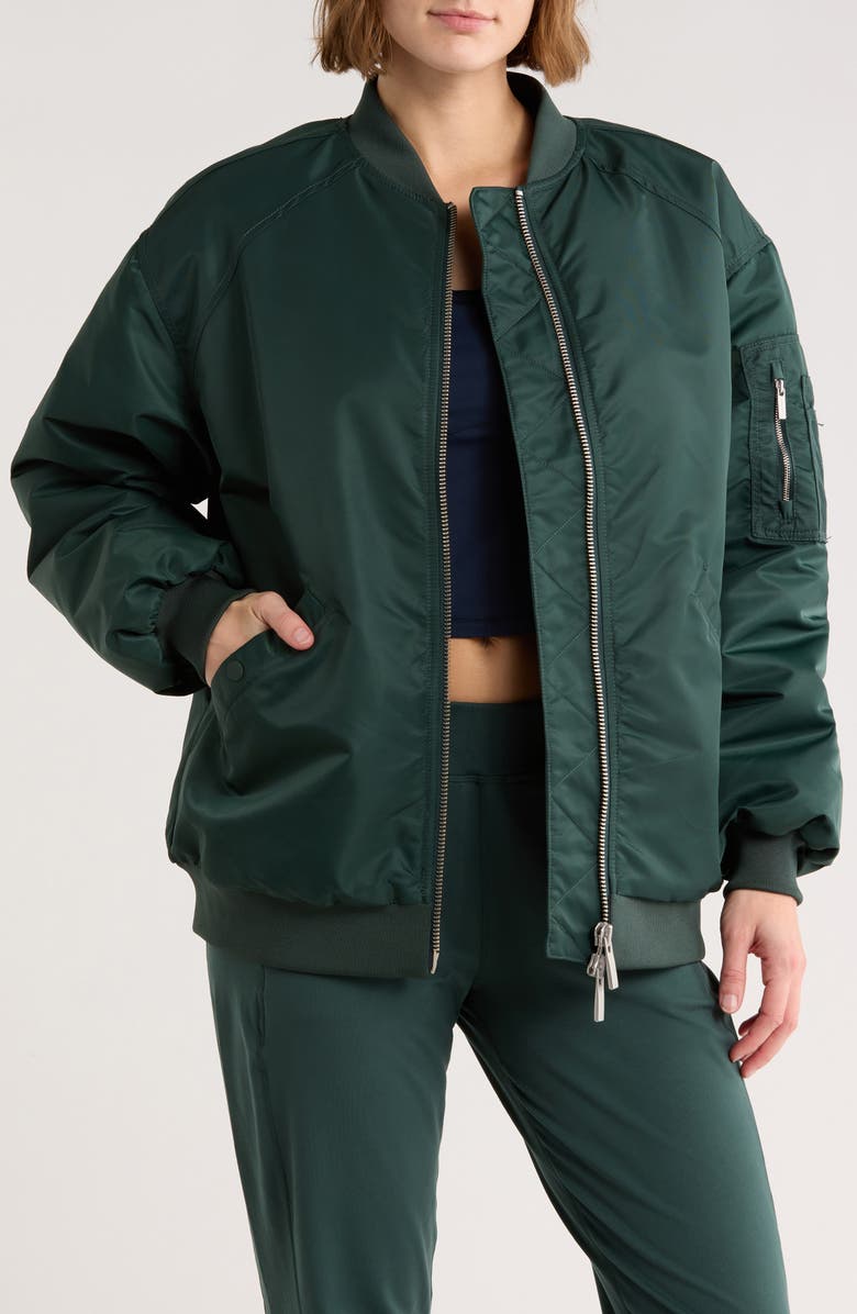 Sweaty Betty Cityscape Longline Bomber Jacket, Main, color, Trek Green