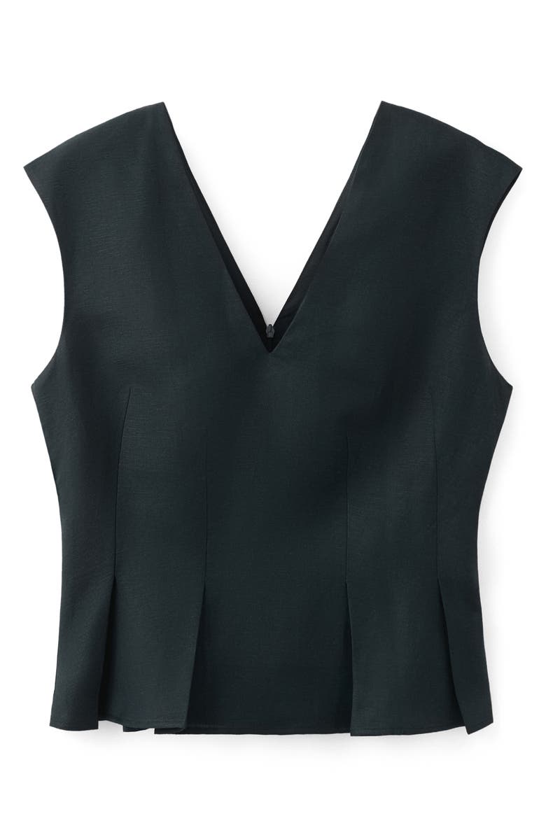 MANGO Pleated Peplum Linen Blend Top, Alternate, color, Navy