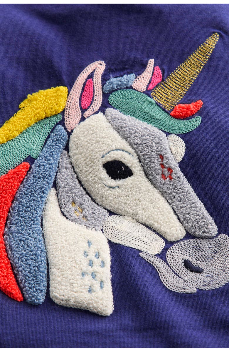 Mini Boden Kids' Unicorn Bouclé Long Sleeve Cotton T-Shirt, Alternate, color, Navy Unicorn