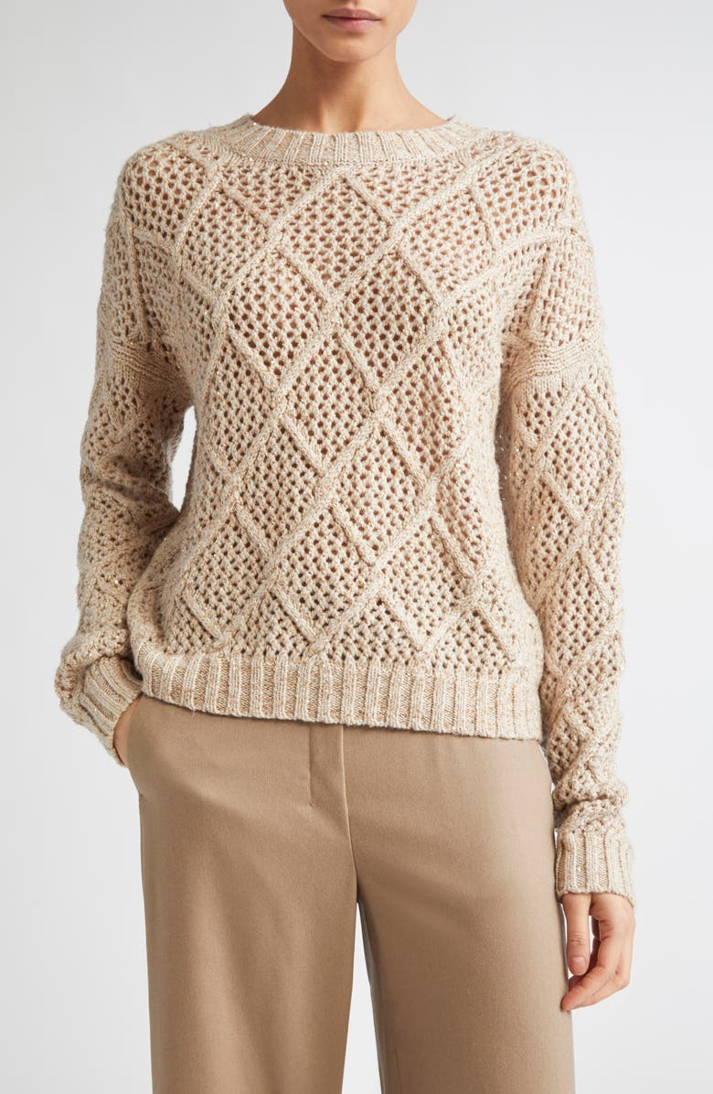 Max Mara Studio Ellade Diamond Wool & Cashmere Crewneck Sweater, Main, color, Beige