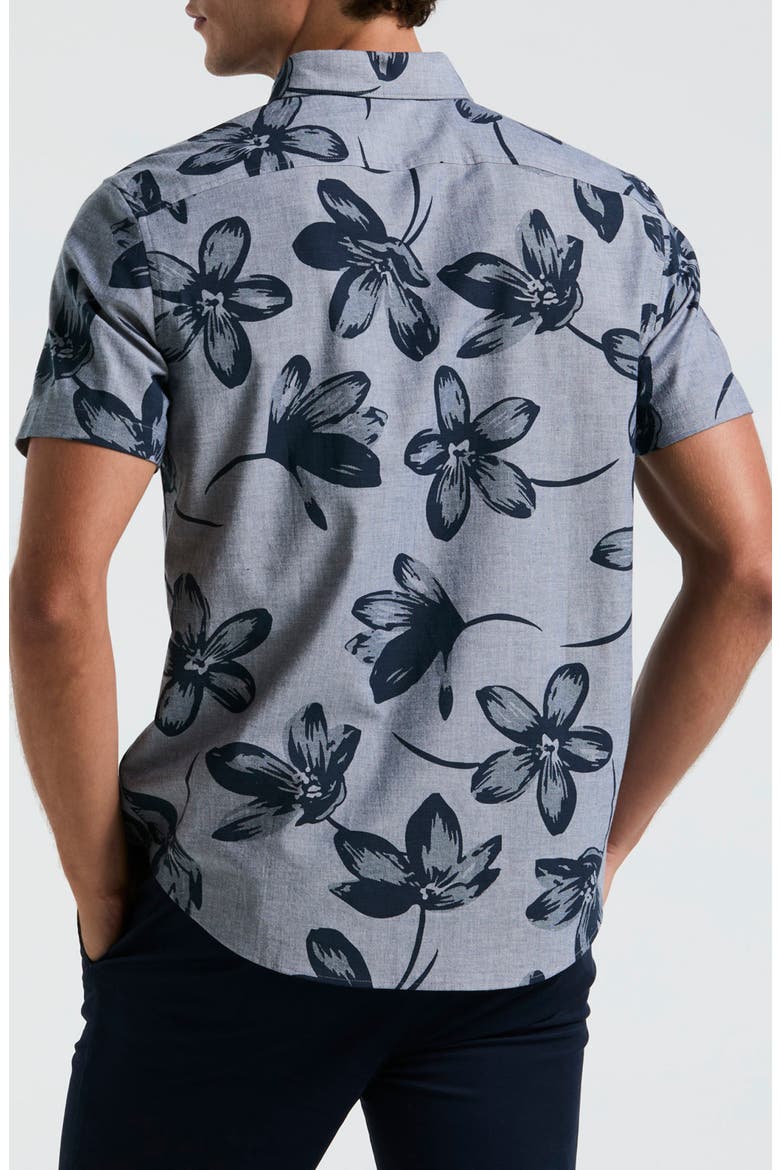 Floral Short Sleeve Cotton & Viscose Stretch Chambray Button-Down Shirt, Alternate, color, DARK SAPPHIRE