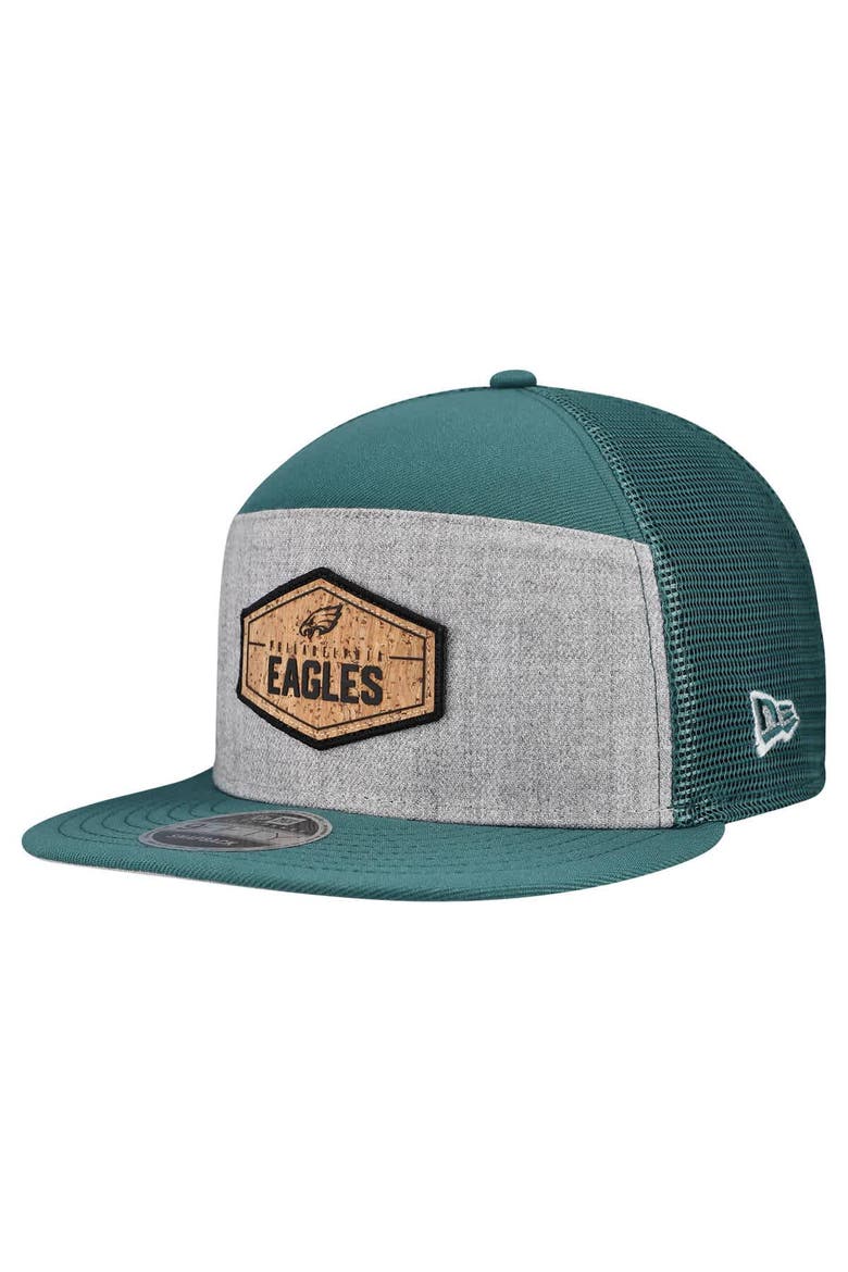 Men's New Era  Gray/Midnight Green Philadelphia Eagles Cork Split Panel 9FIFTY Trucker Snapback Hat, Main, color, Gray