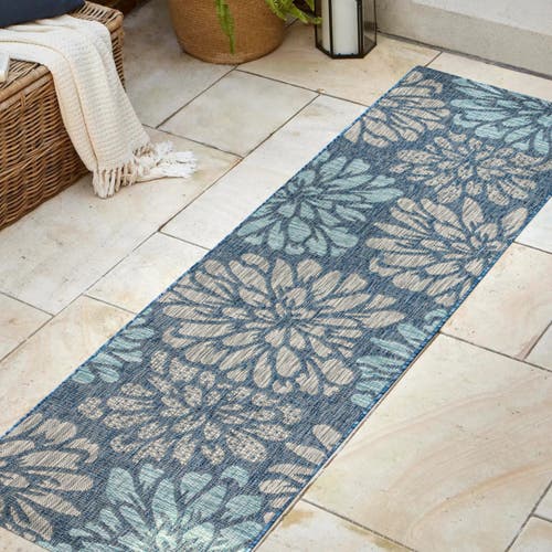 Jonathan Y Zinnia Modern Floral Textured Weave Indoor/outdoor Area Rug In Navy/aqua