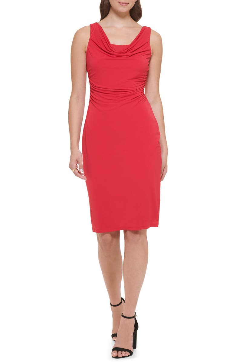 Kensie Cowl Neck Jersey Sheath Dress, Main, color, Red