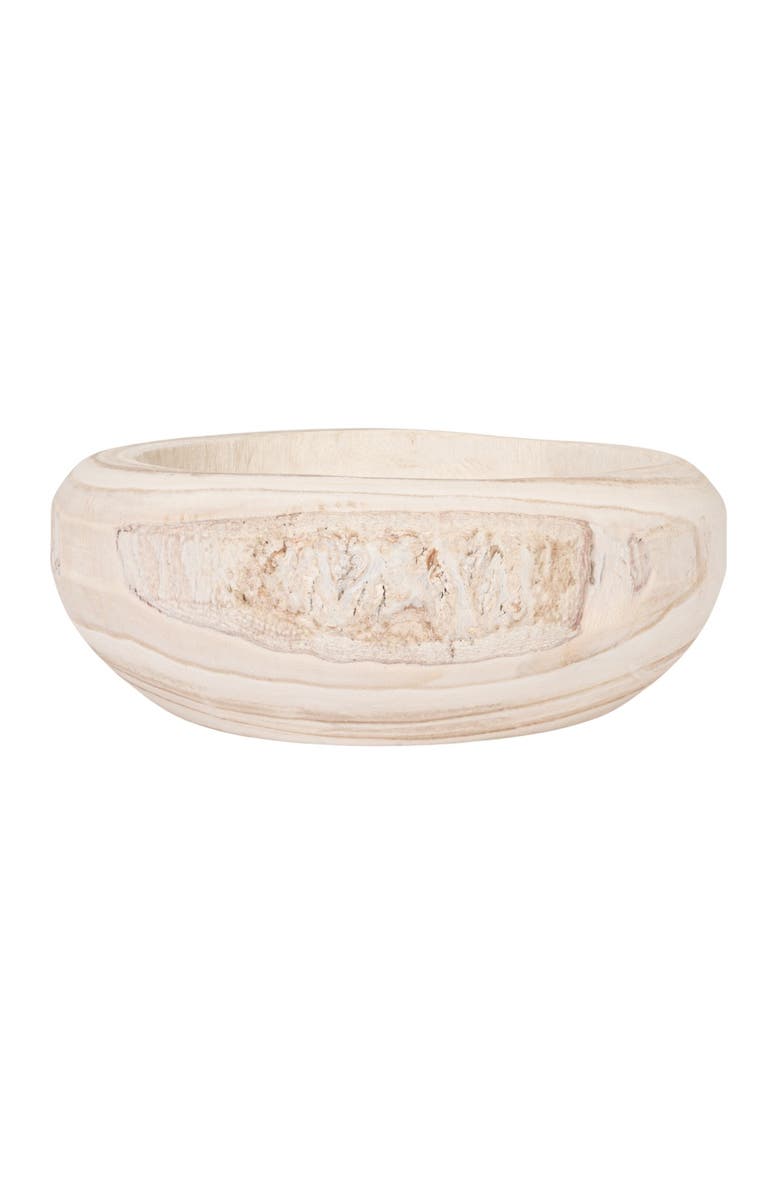 Storied Home Decorative Hand-Carved Paulownia Wood Bowl, Whitewashed, Alternate, color, White