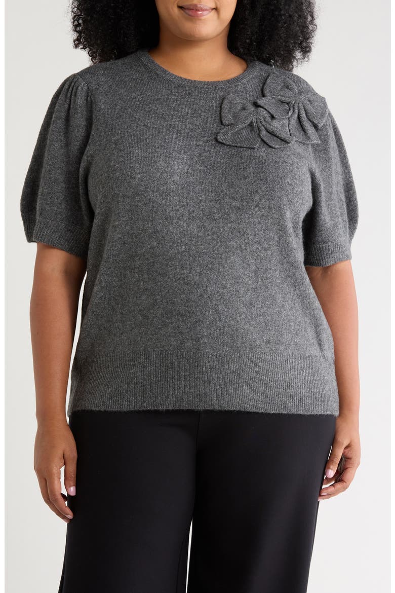 Bow Appliqu Short Sleeve Sweater, Main, color, MEDIUM HEATHER GREY