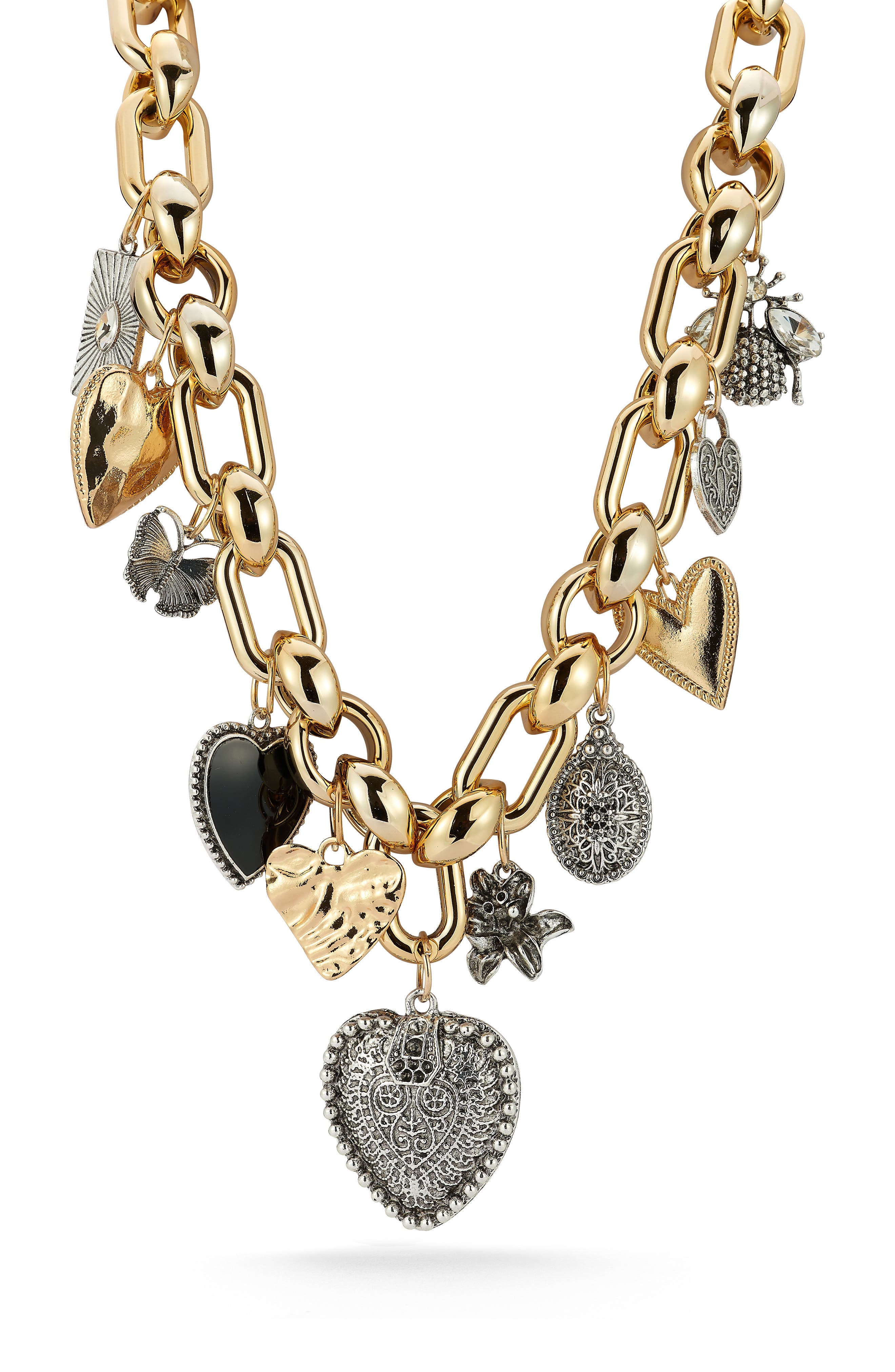 Two Tone Heart Charm Statement Necklace