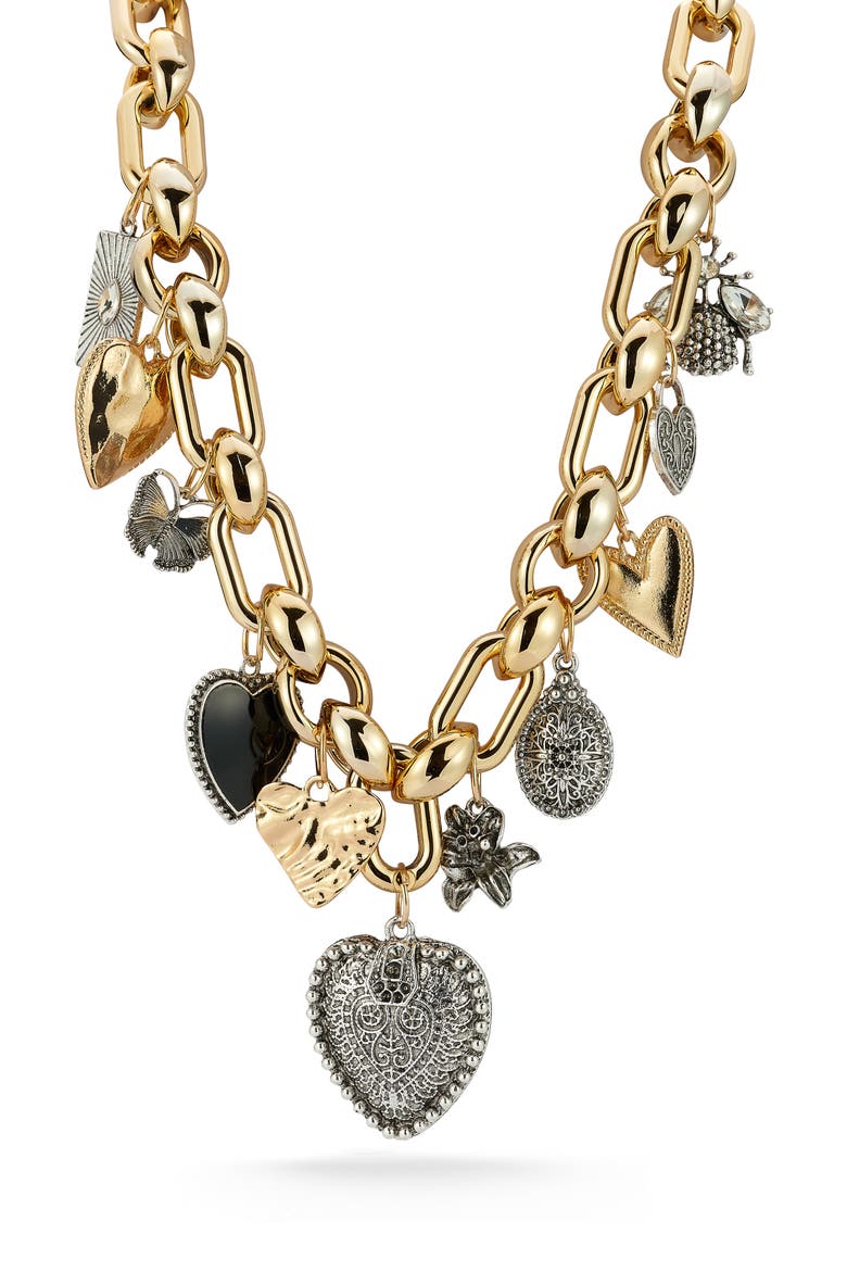 Two Tone Heart Charm Statement Necklace, Main, color, MULTI/ TWO TONE