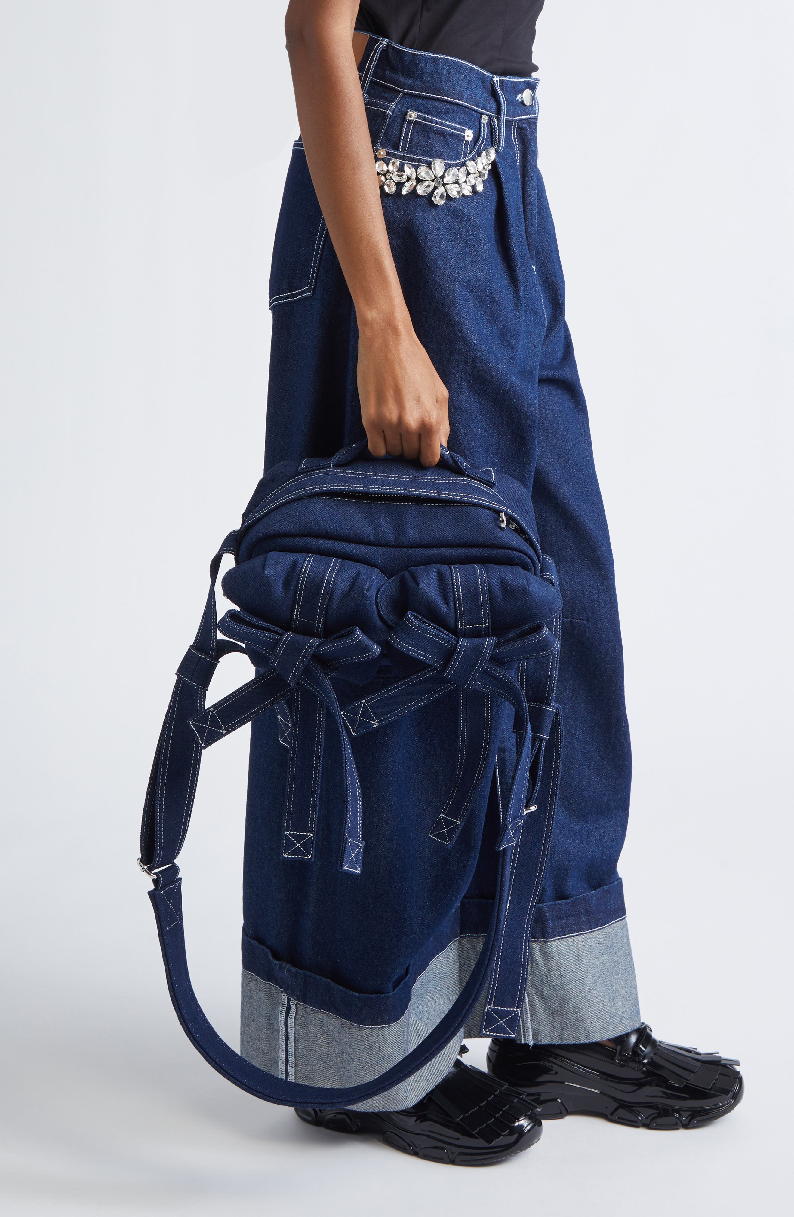 Simone Rocha Classic Bow Denim Crossbody Bag, Alternate, color, Indigo