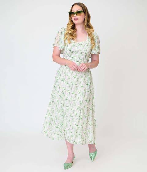 Short Puff Sleeve Sweetheart Neck Godet Midi Dress