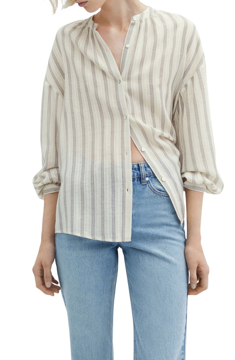 MANGO Stripe Balloon Sleeve Button-Up Shirt, Main, color, 