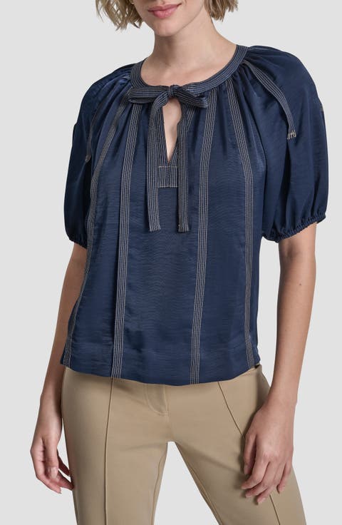 Puff Sleeve Contrast Stitch Tie Front Top
