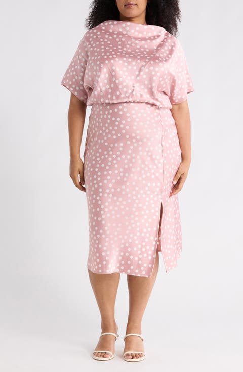 Polka Dot Short Sleeve Satin Midi Dress (Plus)