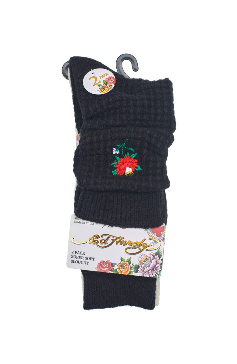 Ed Hardy Womens Rose Embroidery Waffle Knit Slouchy Sock 2-Pack, Alternate, color, Black/Cream