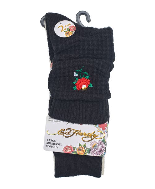 Ed Hardy Womens Rose Embroidery Waffle Knit Slouchy Sock 2-pack In Black