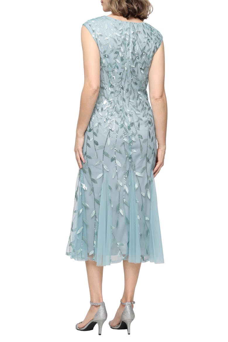 Sequin Leaf Embroidery Cocktail Midi Dress, Alternate, color, ICE SAGE