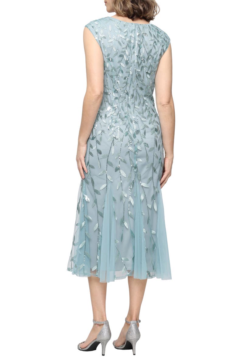 Alex Evenings Sequin Leaf Embroidery Cocktail Midi Dress, Alternate, color, Ice Sage