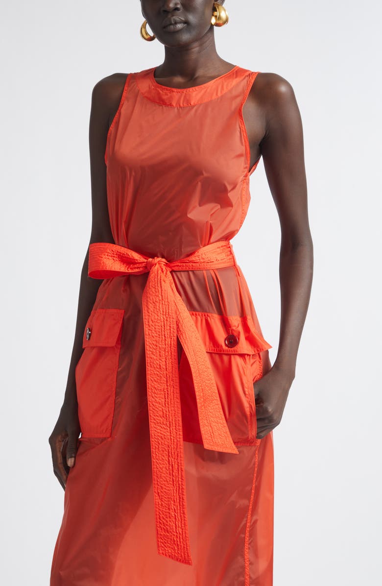 Saint Laurent Button Back Belted Nylon Dress, Alternate, color, Rouge Orange