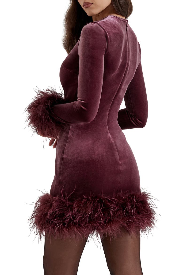 Lavinia Feather Trim Long Sleeve Velvet Body-Con Cocktail Minidress, Alternate, color, MULBERRY
