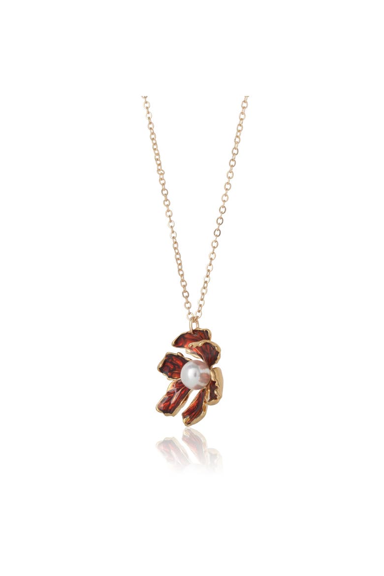 Gold-Tone Floral Pendant Necklace with Pearl Detail, Alternate, color, Burgundy