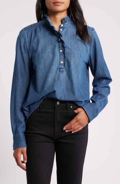 Drew Chambray Belted Roll Sleeve Button Up Blouse Medium popular NWT Blue Flaw Womens