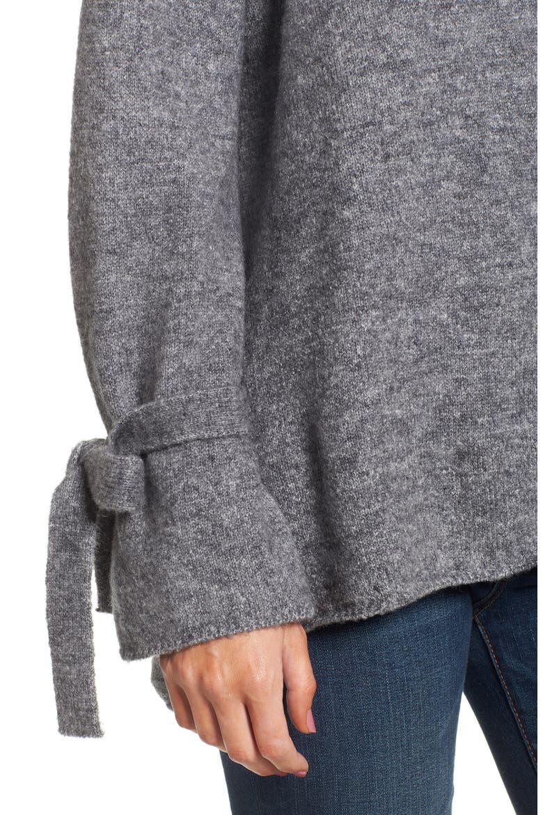 Flared Tie Sleeve Sweater, Alternate, color, HEATHER GREY