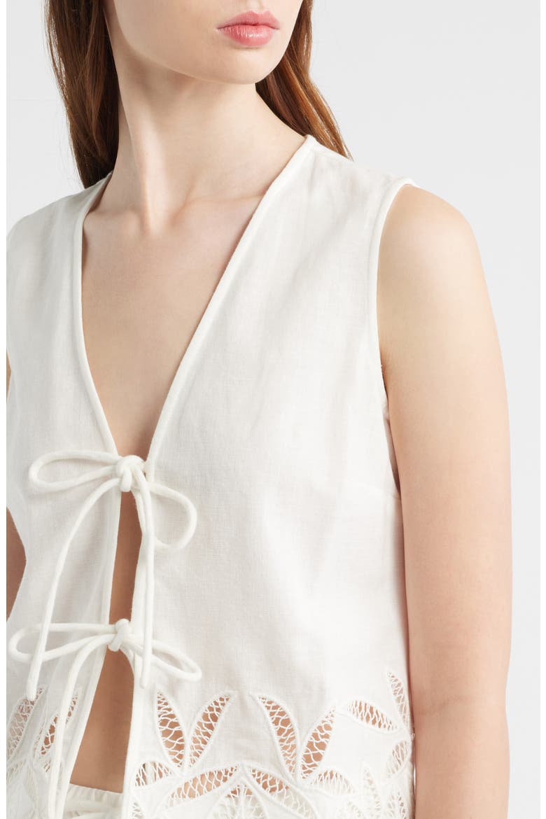 Oregon Embroidered Eyelet Sleeveless Cotton & Linen Tie Front Top, Alternate, color, WHITE PALM EMBROIDERY