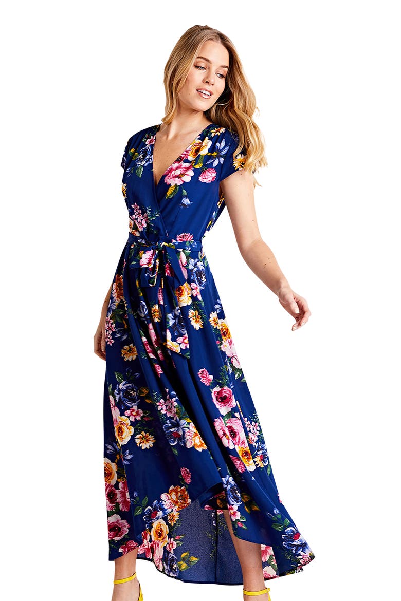Floral Print Dipped Hem Wrap Midi Dress, Alternate, color, Navy