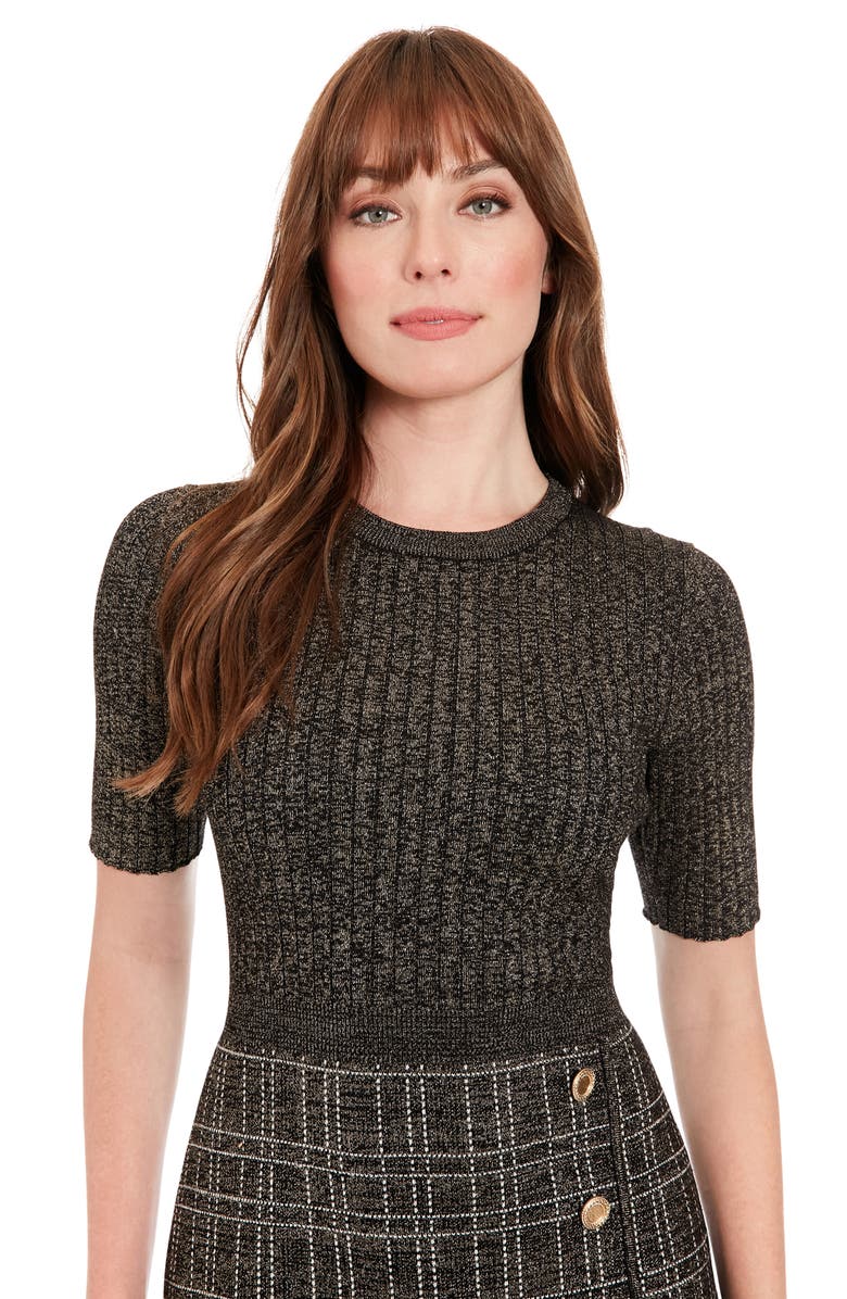 London Times Elbow Length Sleeve Side Button Dress, Alternate, color, Black/ Gold