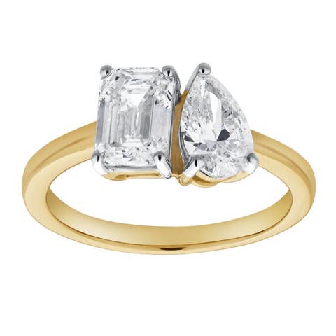 Willow 14K Gold Toi et Moi Emerald and Pear Lab Grown Diamond Ring - 2 ct