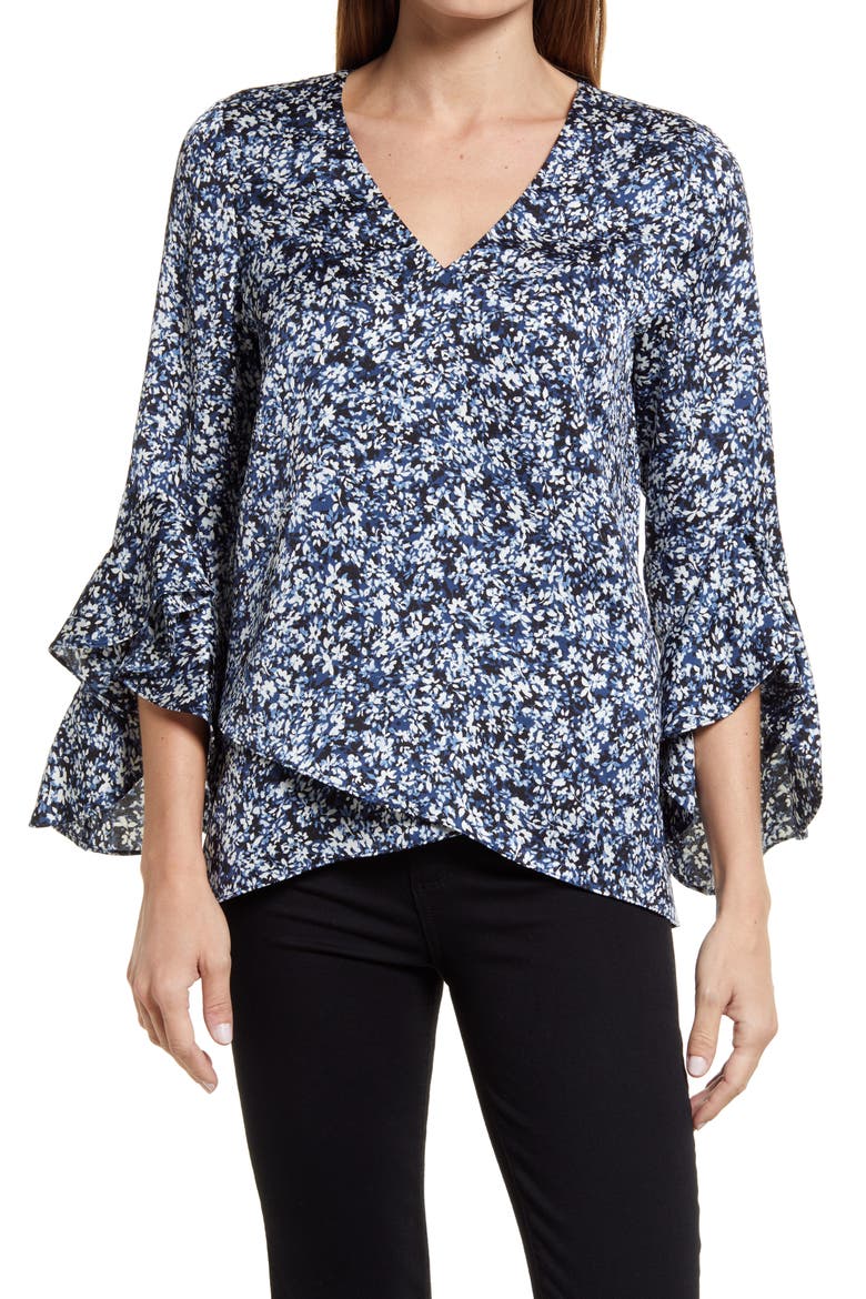Flutter Sleeve V-Neck Blouse, Main, color, VINTAGE BLUE