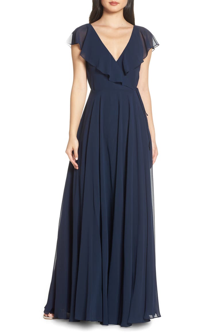 Faye Ruffle Wrap Chiffon Evening Dress, Main, color, NAVY