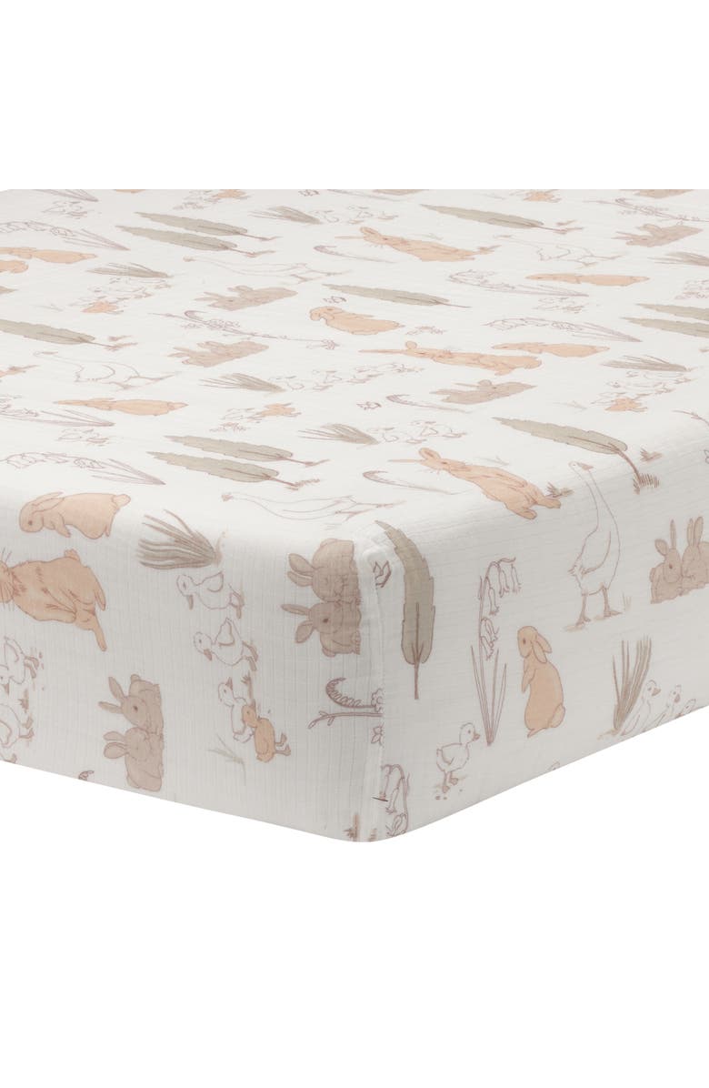 Lambs & Ivy Signature Bunny Hop Organic Cotton Muslin Baby Fitted Crib Sheet, Main, color, Cream