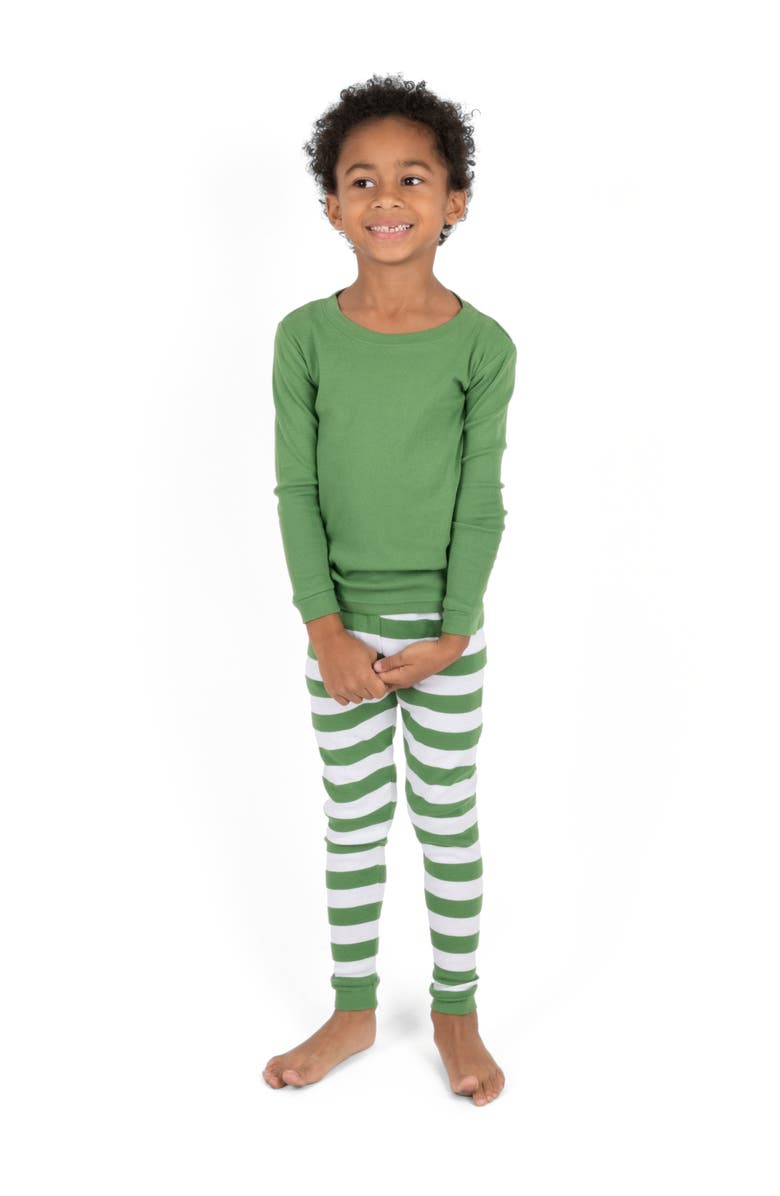 Leveret Kids Two-Piece Striped Cotton Matching Family Holiday Pajamas, Main, color, Solid Green Top & Striped Pant