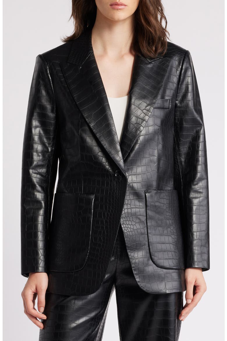 Embossed Faux Leather Blazer, Alternate, color, BLACK