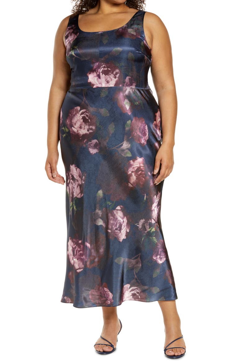 Night Garden Floral Square Neck Satin Dress, Main, color, BLACK