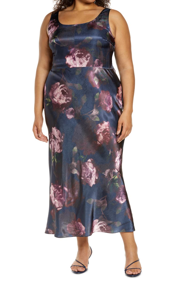 Vince Night Garden Floral Square Neck Satin Dress, Main, color,