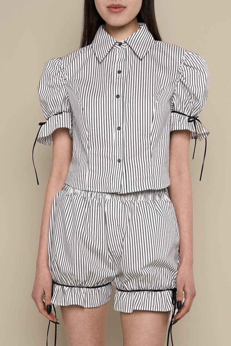 Thomasin Structured Puff-Sleeve Cotton Oxford Blouse, Alternate, color, Black-white