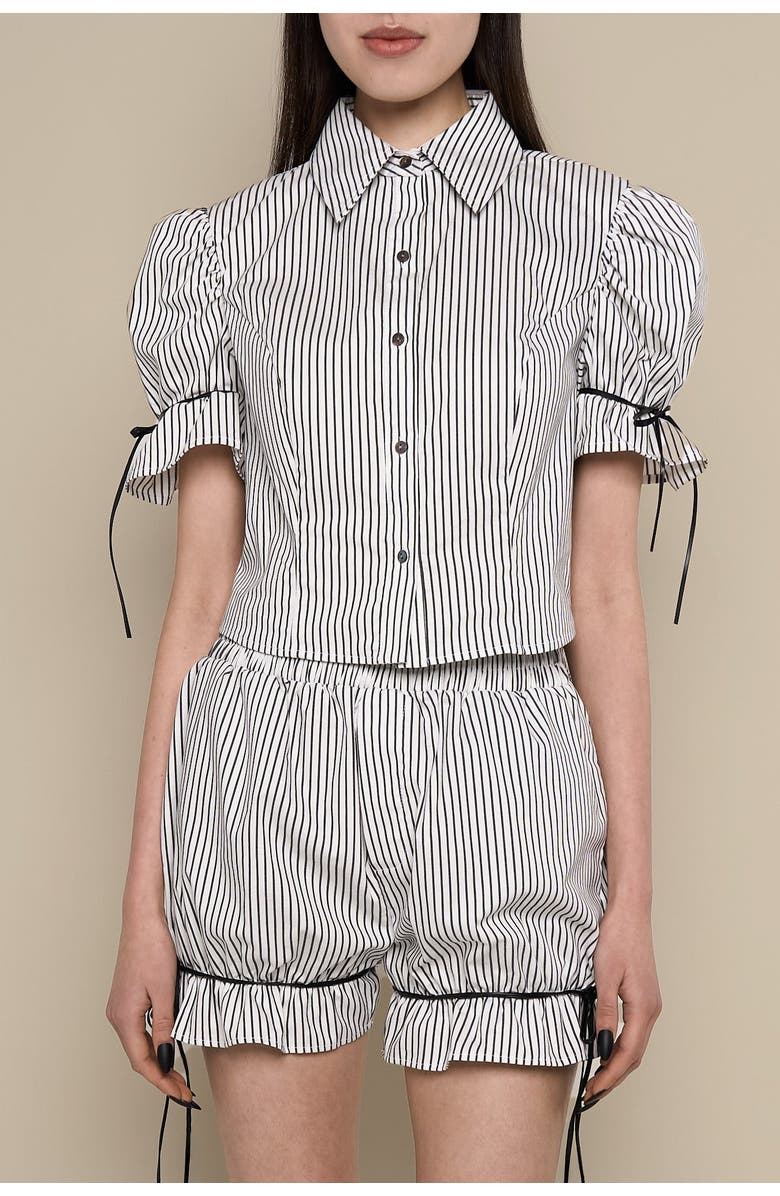 Contessa Mills Thomasin Structured Puff-Sleeve Cotton Oxford Blouse, Alternate, color, Black-White