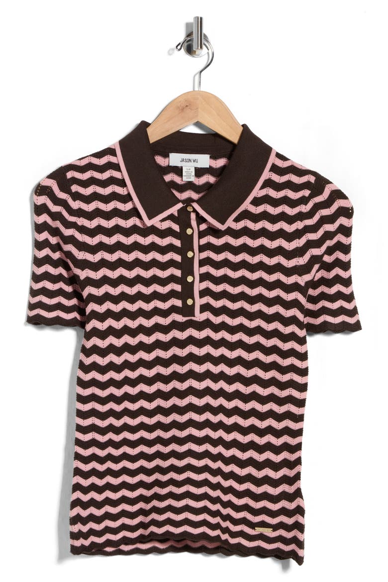 Chevron Stripe Polo Sweater, Alternate, color, NEW BROWN/ BOW PINK
