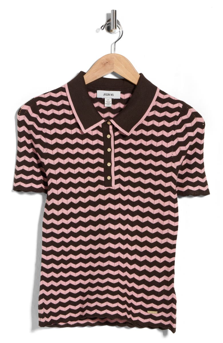 JASON WU Chevron Stripe Polo Sweater, Main, color, New Brown/ Bow Pink