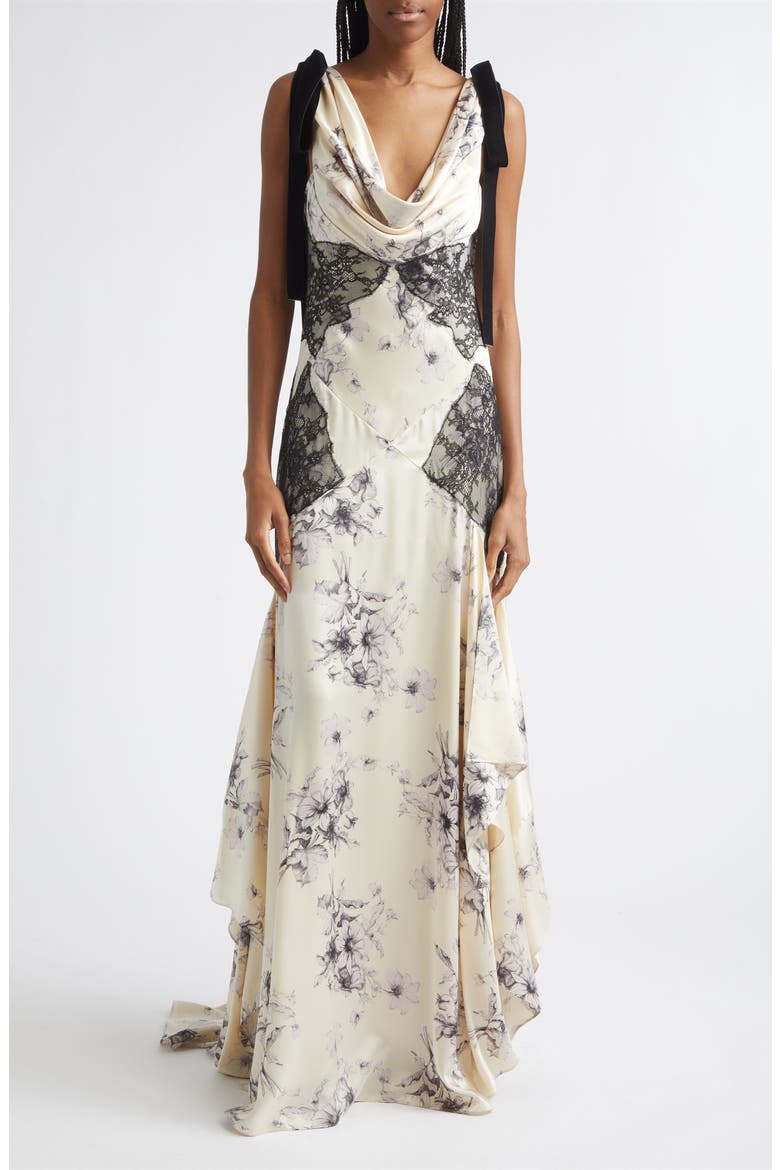 Handsketched Floral Lace Inset Gown, Main, color, GARDENIA/ BLACK