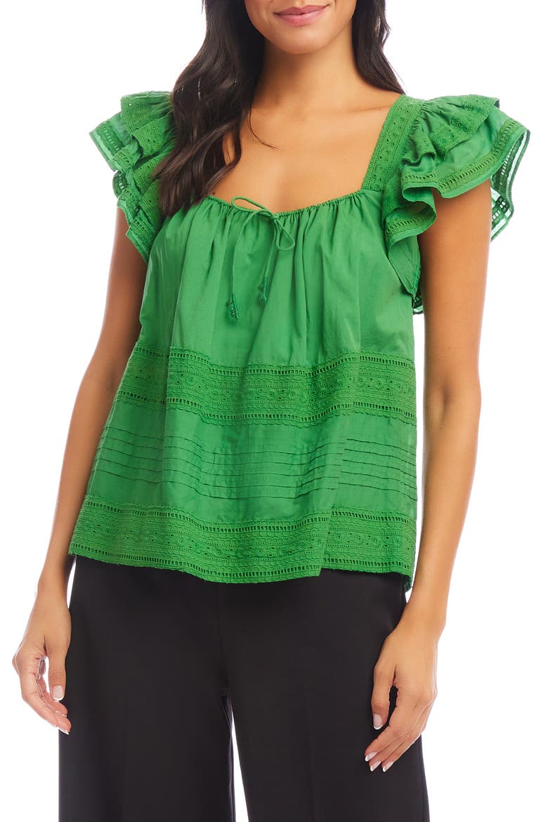 Ruffle Sleeve Embroidered Top, Main, color, GREEN