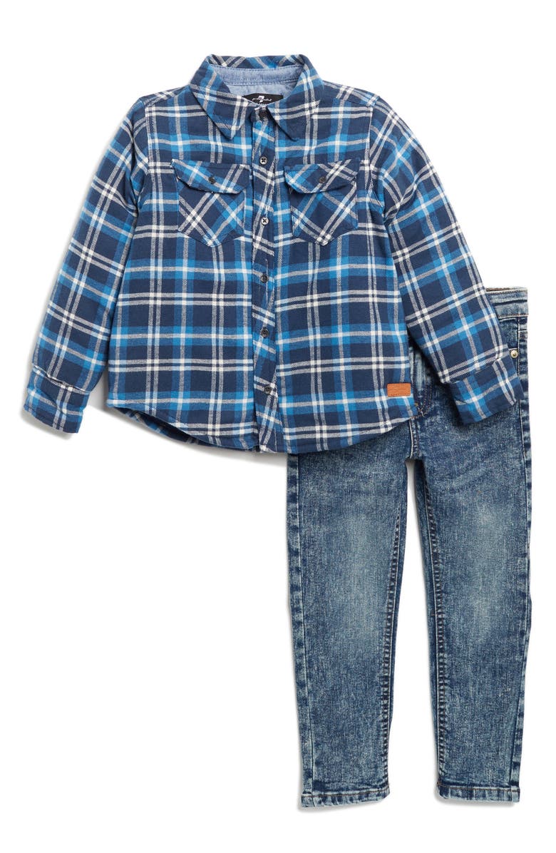 7 For All Mankind Kids' Flannel Button-Up Shirt & Jeans Set, Main, color, 
