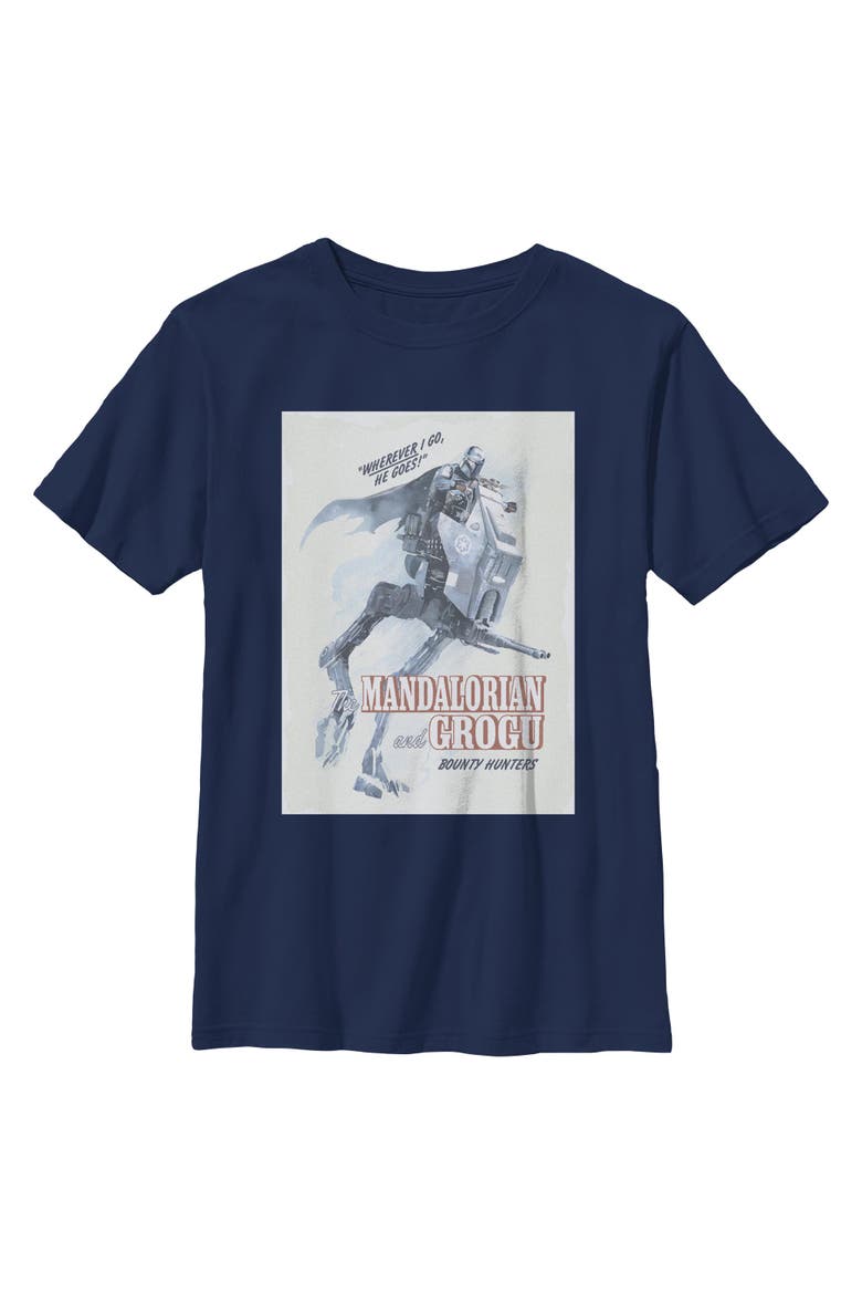 Boys Star Wars The Mandalorian and Grogu Wherever I Go He Goes Bounty Hunters T Shirt, Main, color, Navy Blue