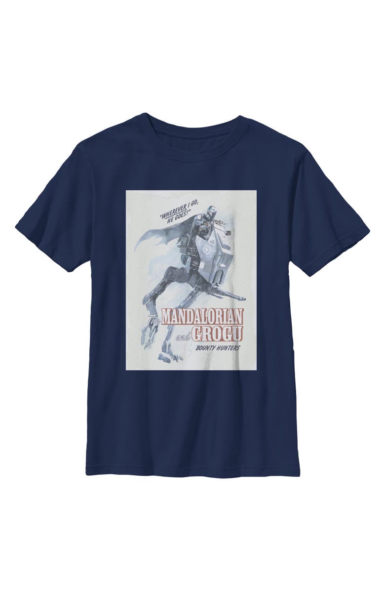 Star Wars: The Mandalorian and Grogu Boy's Star Wars The Mandalorian and Grogu Wherever I Go He Goes Bounty Hunters  Graphic T-Shirt, Main, color, Navy Blue